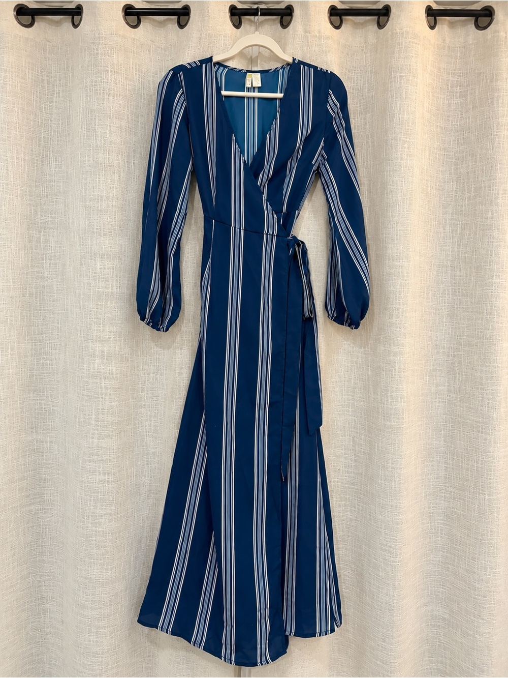 JAPNA • Woman’s Blue and White Striped, Wrap Around Maxi Dress with Tie.